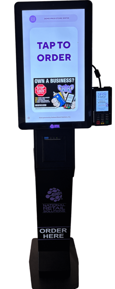 NRS self-ordering kiosk with floor stand and card reader